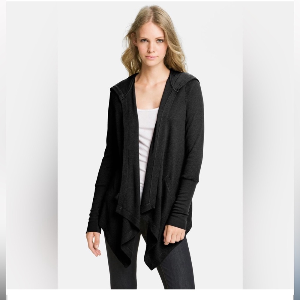 Splendid black waffle knit cardigan with hood size small supima cotton